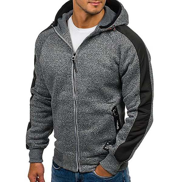 Herre Colorblock Langermet Hettegenser Sport Fritid Glidelås Hettejakke Yttertøy Med Lommer Light Grey L