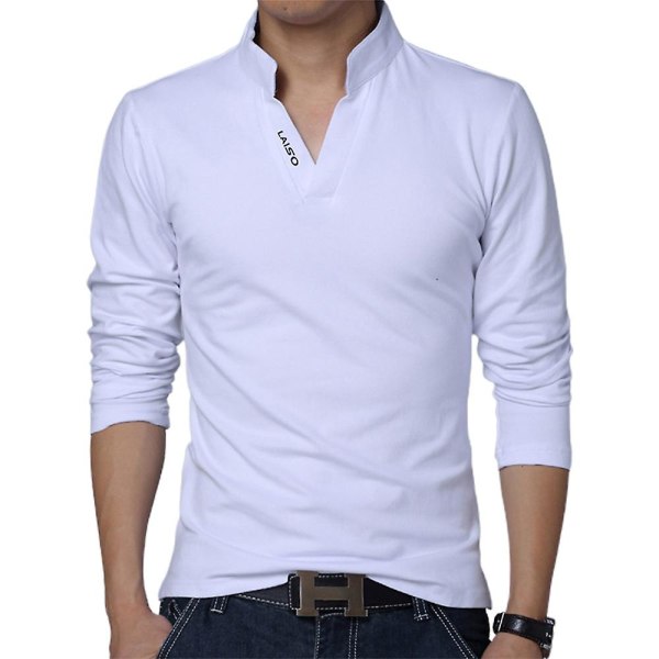 Herr Solid Slim Fit Henley Skjorta Casual Långärmad Ståkrage V-ringad Tee T-shirt White M