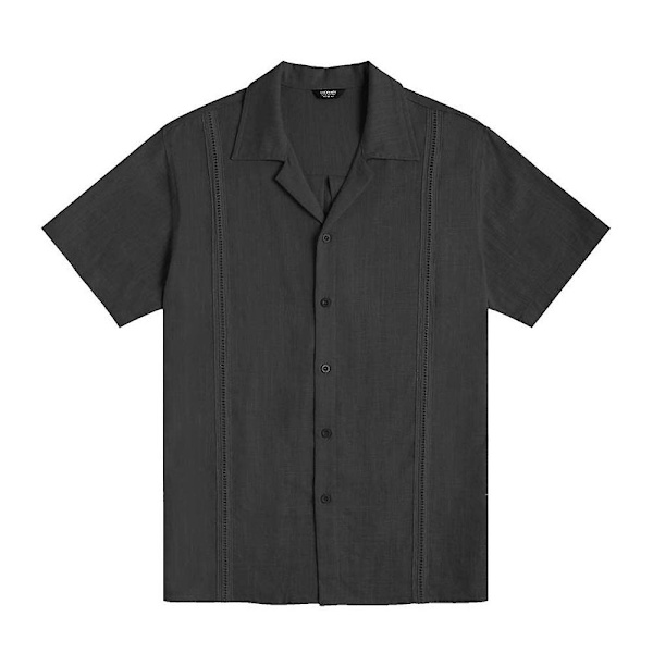 Herre Ensfarvet Revers Kortærmet Knapskjorte Sommer Afslappet Løs V-hals Toppe Black XL