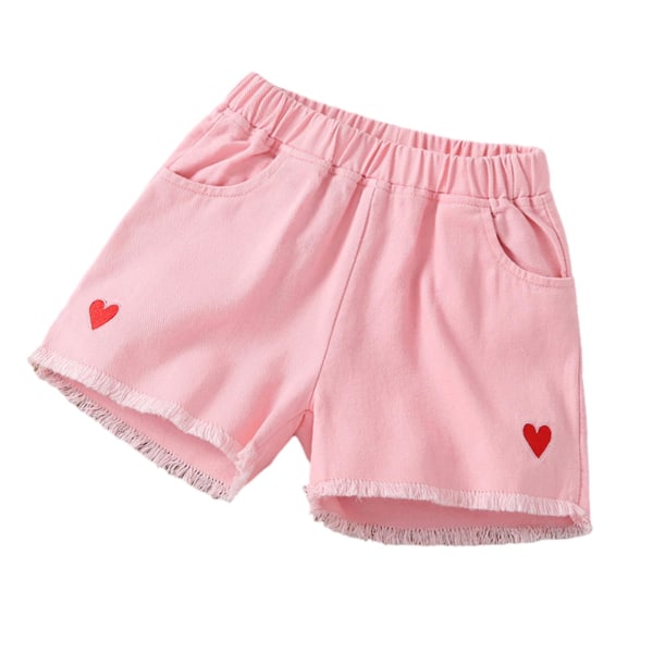 Løse denimshorts til piger med hjertebroderi, afslappede og komfortable shorts til tur, hverdag og hjem Pink 160cm