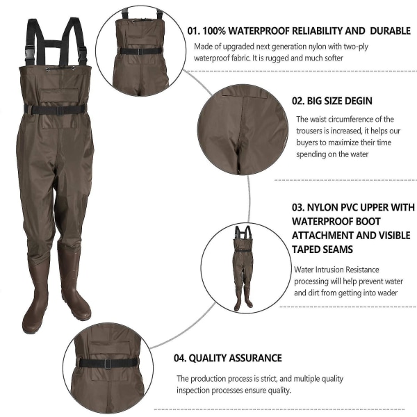 Fiskevadare, fiskebyxor för män och kvinnor, jaktbröstvadare med vattentäta stövlar brown EU 41