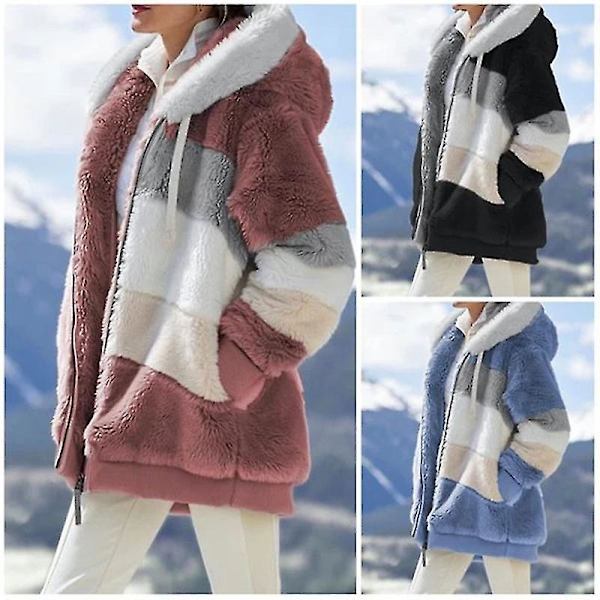 Vinter Kontrasterande Plysch Vadderad Rock Lös Passform Dragkedja Stängning Huva Rock Olika Färg Ytterkläder Red 2XL