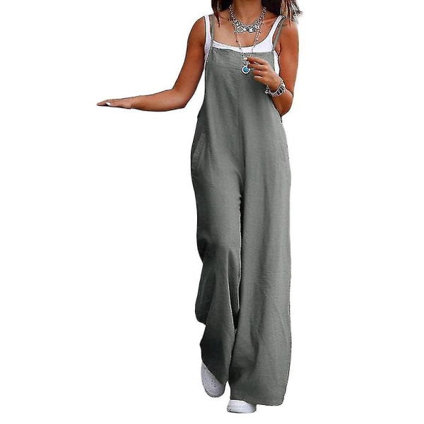Plus Size Dame Bomull Lin Buksedress Jumpsuit Playsuit Vide Ben Overalls Bukser Gray M