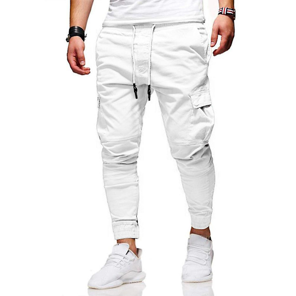Miesten yksiväriset kiristysnyörilliset cargo-taisteluhousut, pitkät collegehousut, urheiluun, kuntosalille, vapaa-aikaan White XL