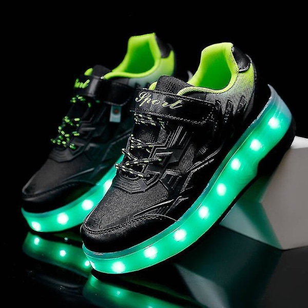 Childrens Sneakers Dubbelhjulsskor Led Light Skor Q7-yky Black 35