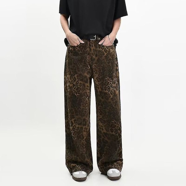 Tan Leopard Jeans Dame Denim Bukser Kvinnelig Oversize Vide Ben L