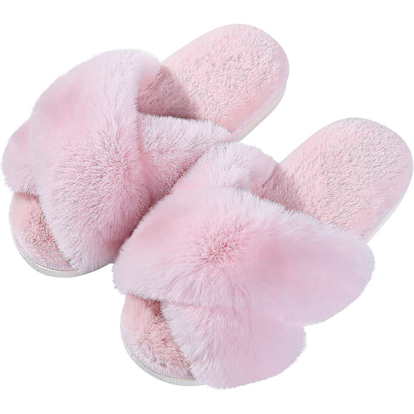 Damskor i plysch med korsband och minnesskum, öppna tofflor för hemmet Pink 40-41
