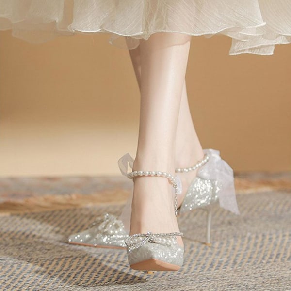 6 cm/8 cm klack, rosett stilettos för kvinnor, höga klackar, slitstarka halkfria skor för festutställning 6cm 38