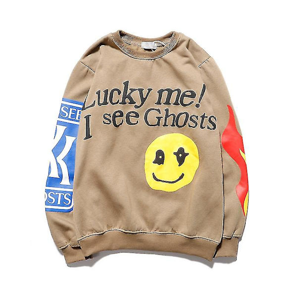 Herre- og damepar tøj Kanye sweater trendy mærke smiley print løs rund hals herre- og dame fleecejakke Khaki M