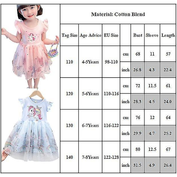 Jingdong 4-8 År Flickor Enhörning Sommar Prinsessklänning Light Blue 7-8 Years