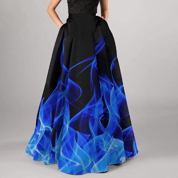 Elastisk midje blomsterprintet plissert A-linje maxi-skjørt for kvinner Blue XL