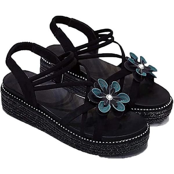 Romansk damesandal med elastisk bånd, åpen tå og plattform, sklisikker Black 40