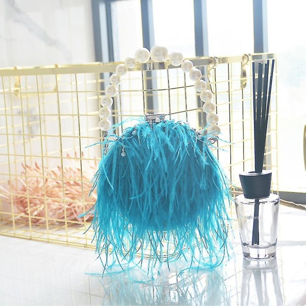 Dame Aften Clutch Taske Strudsefjer-skuldertaske Fluffy Perle-rem Pung White