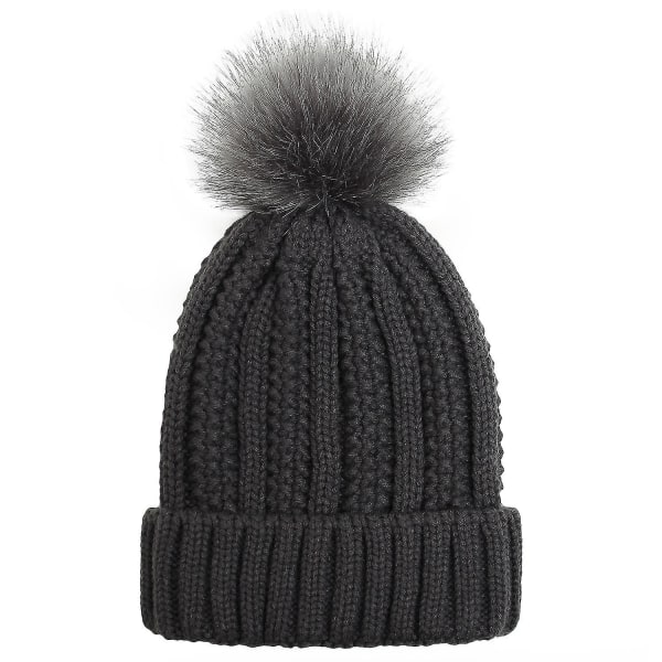 Vinterstrikket hue til kvinder med imiteret pelskvast, satinforet varm strikhue dark grey
