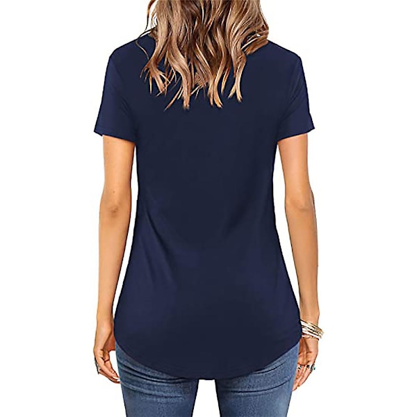 Dame Ensfarvet Kryds V-hals Kortærmet T-shirts Sommer Tee Casual Tunika Toppe Dark Blue M
