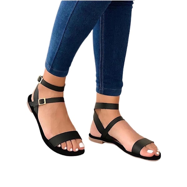 Kvinnor med öppen tå Slingback platta sandaler Ankelrem Spänne romerska skor Black 38