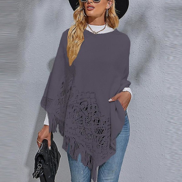 Dame Langærmet Poncho Sweater Casual Arbejds Pullover Cape Vinter Varm Strikket Kappe Gray L