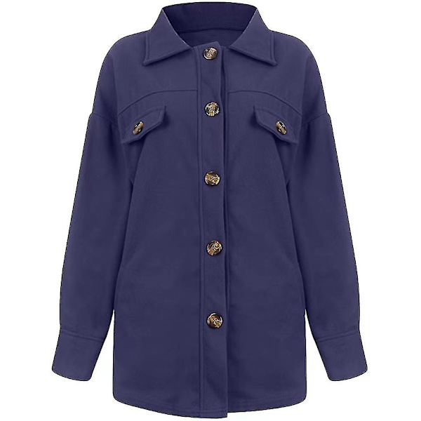 Lös Passform Damjacka Knäppning Polar Fleece Ytterkläder Kappa Med Fickor Blue M
