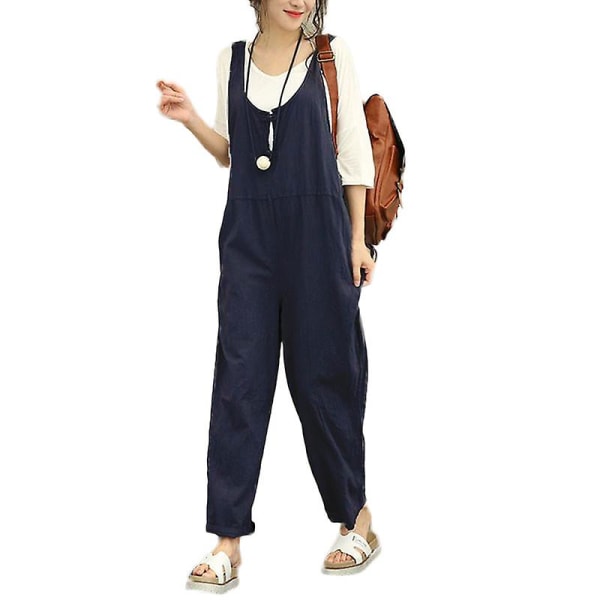 Dam Casual Solid Jumpsuit Lös Baggy Linne Dungarees Byxor Playsuit Overall Romper Blue L