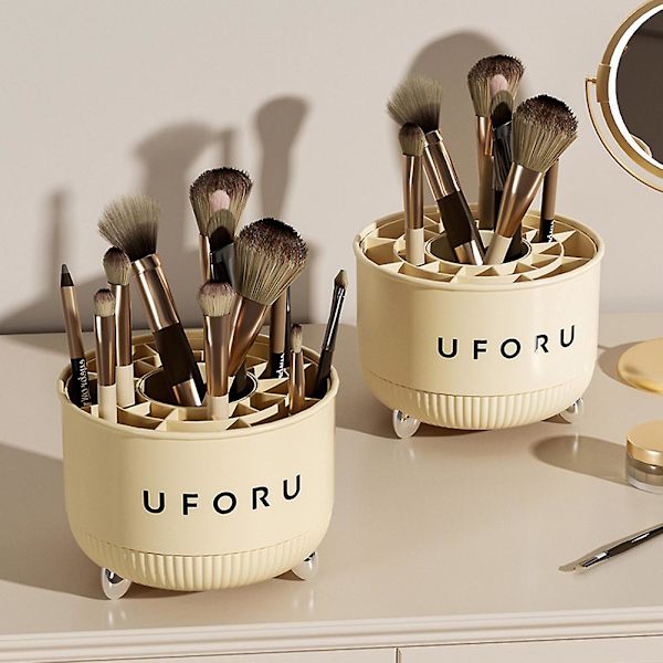 Roterende makeupbørsteholder til skrivebord, kosmetikpenneholder, opbevaringsstativ, bærbar skrivebordsorganisator Cream White 5 Grid