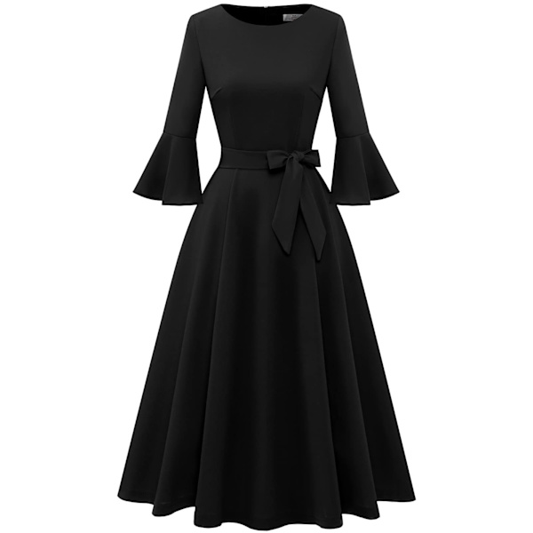 Elegante cocktailkjoler med klokkeærmer til kvinder til bryllup Gæstepasform og udsvajet Beskeden Kirkemidi Aftenkjole sort M black m