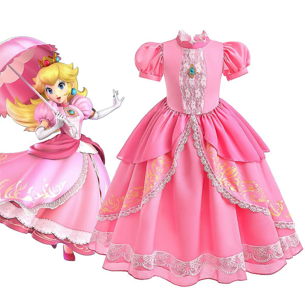 Barn Flickor Mario Princess Peach Cosplay Kostym Klänning Fest Balklänning Halloween Maskerad 3-4 Years
