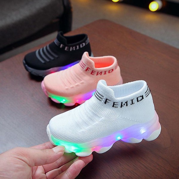 Barnesko Barn Baby Jenter Gutter Bokstav Mesh LED Lysende Sokker Sport Løpesko White 22