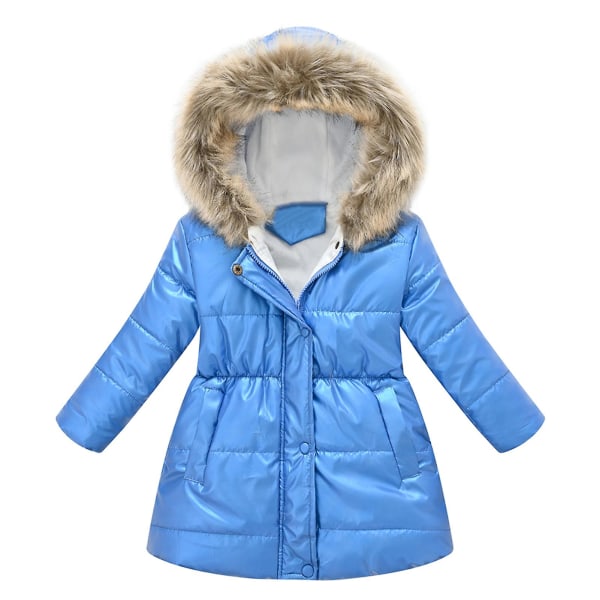 Barnflicka vinter pufferjacka ljus och glänsande färg medellång kappa med huva Dark Blue 150cm