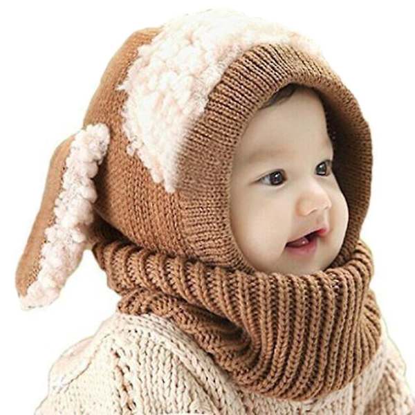 Baby Strikket Lue Varm Vinterhette Med Øreklaffer Skjerf For Gutter Jenter Coffee
