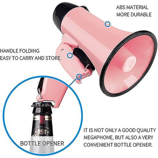 Bærbar Megafon Bullhorn 20 Watt Effekt Megafon Høyttaler Stemme Og Sirene/alarm Moduser Med Volumkontroll Og Stropp Pink