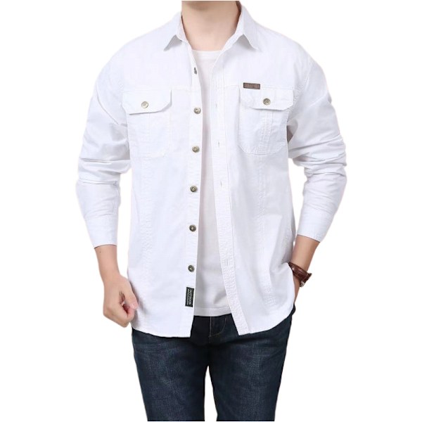 Herre skjorte ensfarget avslappet løs langermet skjorte herre arbeidsklær lommedesign stil jakke white M-170