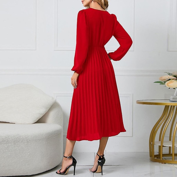 Elegant Dame Langærmet Midi Kjole Med Bælte Fest Bryllupsgæst Kontorkjoler Red S