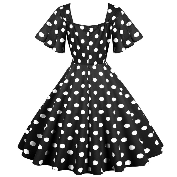 Kvinnors Retro Resestil Vågsöm Kortärmad Prickig Midilång Klänning Black XL
