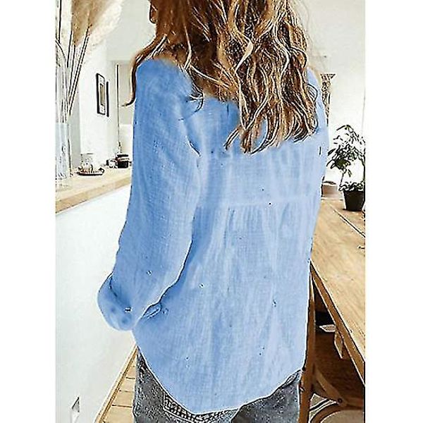 Dam V-ringad T-shirt Långärmad Knäppning Blusar Toppar Blue M