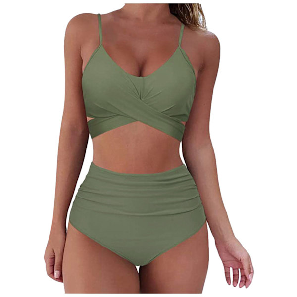 Omlott Bikini Set för Kvinnor Högmidjade 2-delade Baddräkter Green M