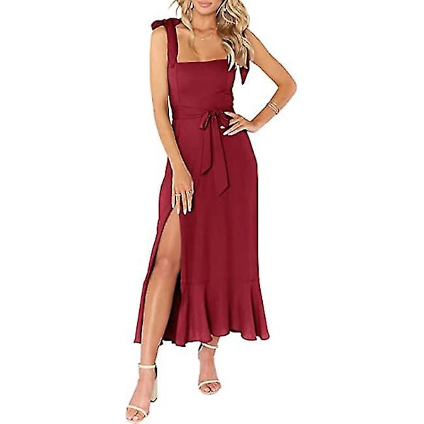 Eleganta Tärnklänningar för Kvinnor, Fyrkantig Halsringning, Delad Midi Formell Klänning Red XL