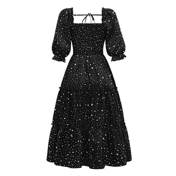 Dame Stjerneprint Firkantet Hals Sammensat Kort Pufærme Flæsekant Casual Midi Kjole 1 Stk Sort XL