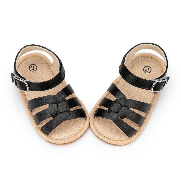 Babysko Spædbarnssandaler Læder Gummi Flade Skridsikre Bløde Såler Småbørn Pige Dreng Første Gåsko Krybbesko Størrelse 0-18M Black 7-12 Months