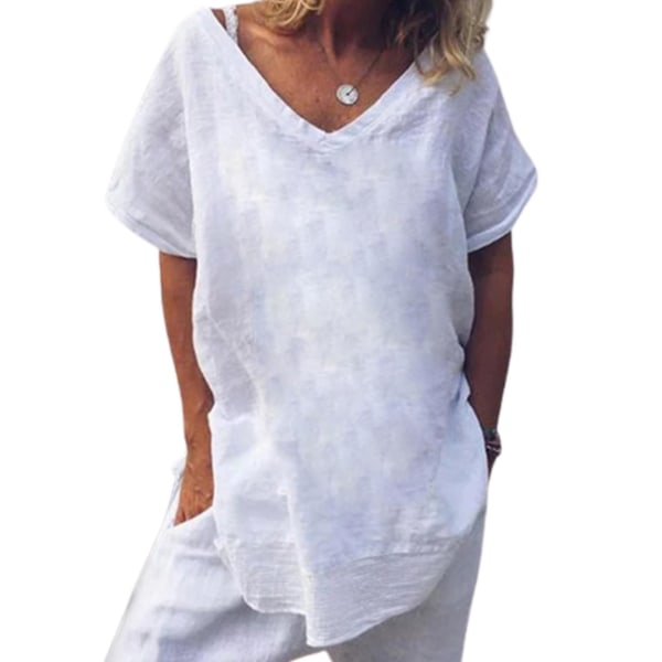 Kvinnors V-ringad baggy T-shirt Plus Size Dam Holiday Kortärmad Tunika Blus White 3XL