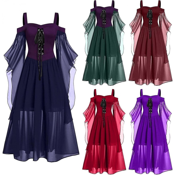 Maxikjole med sommerfugleærmer til kvinder, middelalder punk gotisk tøj, sexet Halloween kostume, kjoler med kolde skuldre og korset B-wine 4X-Large