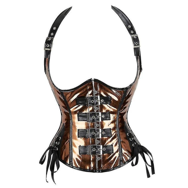 Imiteret Læder Korset Top Halter Corselet Lynlås Spænde Bustier Taljetræner Vest Korset Underbryst Kvinder Steampunk Kaffe L