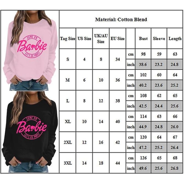Barbie Tema Sweatshirt Kvinder Bogstav Trykt Pink Power Langærmet Pullover Sweatshirts Toppe Pink 2XL