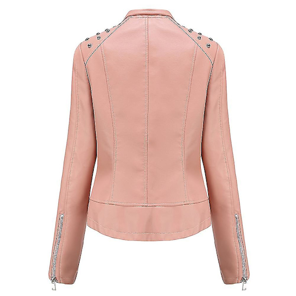 Dame Slim Fit Ensfarvet Læderjakke med Nitter på Skuldrene og Lynlås Pink M