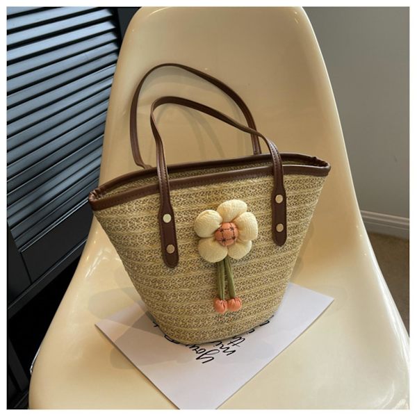 Sommar Tote Väska Dam Satchel Väska Stor Kapacitet Vävd Handväska Med Blomdekor För Jul Födelsedag Strandsemester Brown