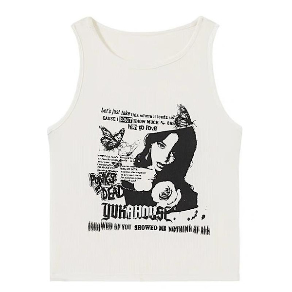 Grunge Tryck Ärmlös Sexig Linne för Kvinnor Ribbstickad Väst Streetwear Estetiska Kläder Kvinnlig Crop Top Kvinnor 2000-tal White M