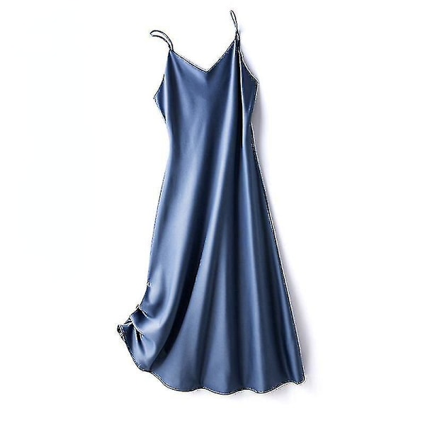 Dam Satin Faux Sidenklänning Axelbandsklänning Nattlinne Sexig A-linje Lång Blue 3XL