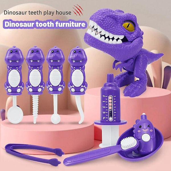 Tecknad Dinosaurie Barn Tandläkarleksaker Låtsaslek Läkare Simulering Barn Läkare Set Pedagogiska Leksaker För Flicka Pojke Gåva Purple