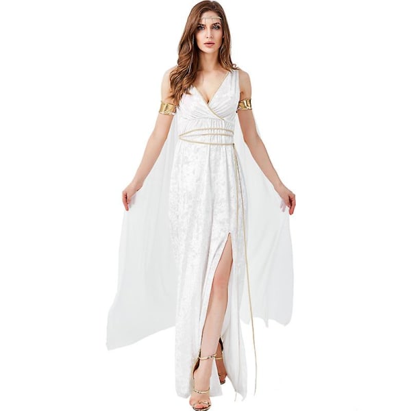 Kvinnor Klänning antika grekiska gudinnan hög slits vit gudinna Halloween kostymklänning White L