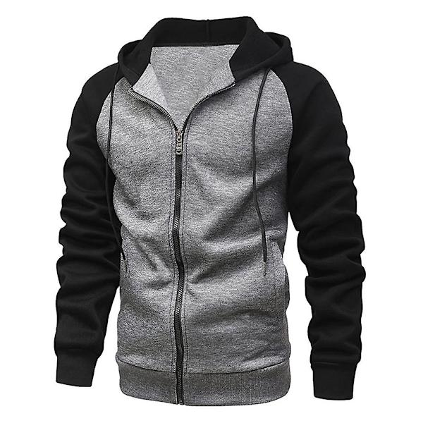 Fleecehettegenser med glidelås for menn, avslappet Colorblock hettegenser Dark Gray Black M