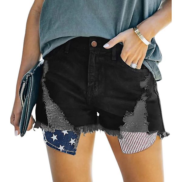 Rento Mid Waist -farkkushortsit naisille, käännetty helma, kulutettu, joustava, kapea malli Black XL